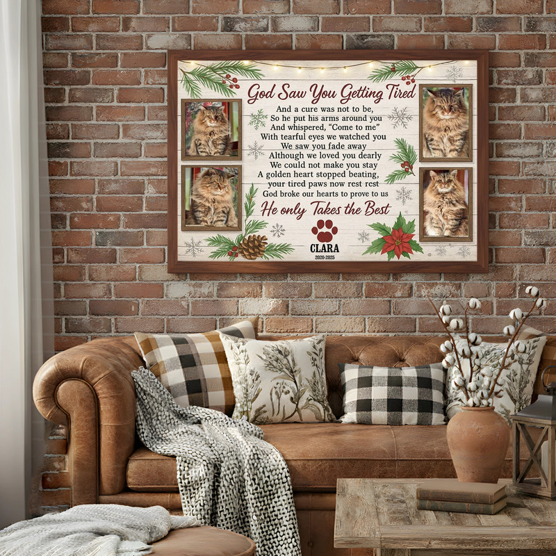 Rustic farmhouse Christmas cat memorial canvas wall art, personalized photo collage with red buffalo plaid border and pine