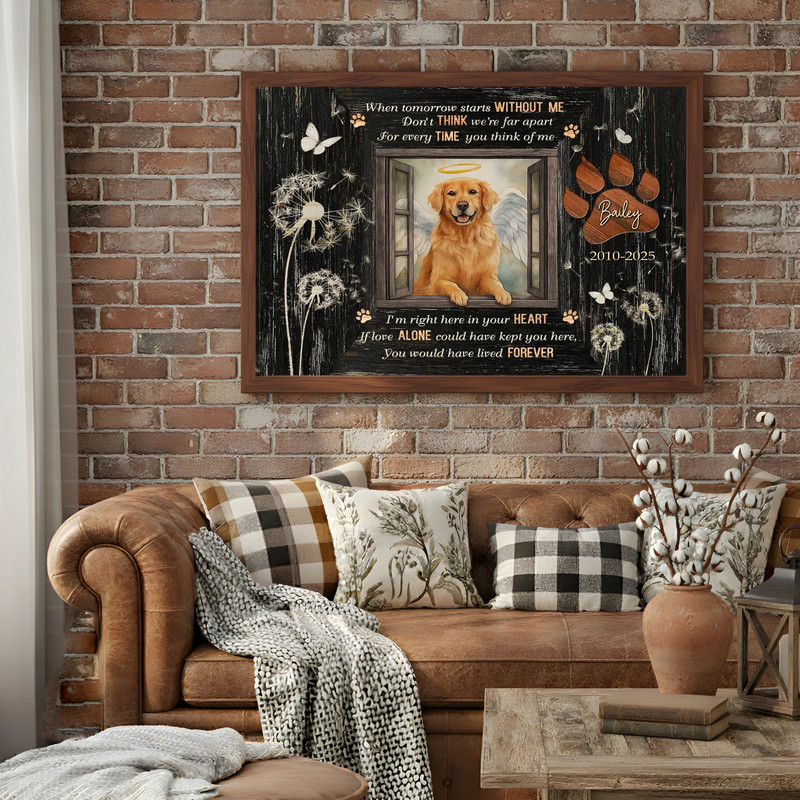 Pet loss memorial canvas, rustic farmhouse wood look, custom photo frame with dog’s name and dates, In Loving Memory