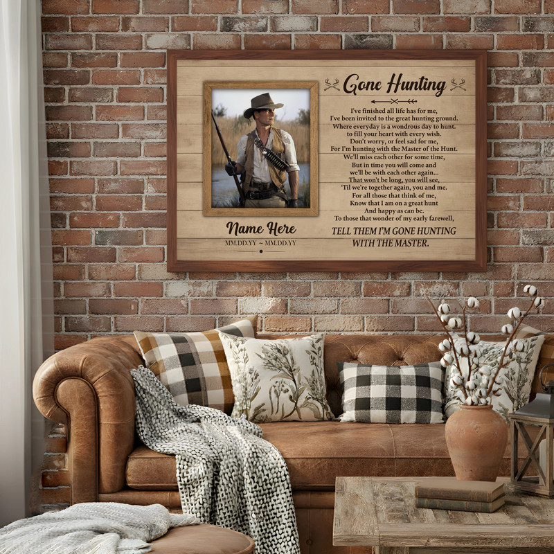Hunting memorial canvas wall art, personalized Gone Hunting tribute in rustic style with custom text for condolence gifting.