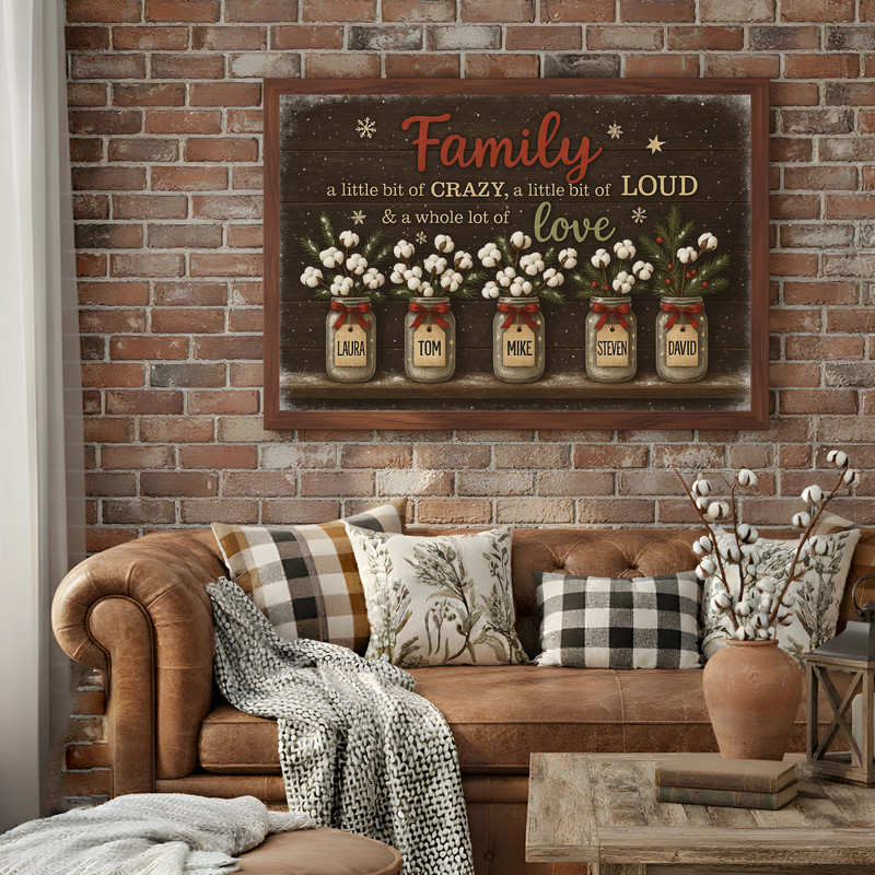 Rustic farmhouse canvas wall art with personalized family quote and multi-name floral design, Christmas gift for parents