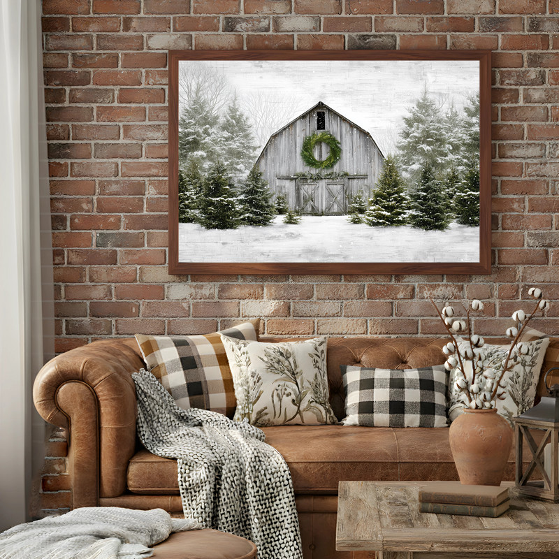 Winter farmhouse Christmas canvas wall art with a rustic barn, snowy fields, and evergreens to warm your entryway walls