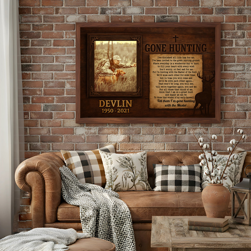 Remembrance canvas wall art, rustic style hunting motif, custom name and dates; thoughtful condolence gift for a hunter's family