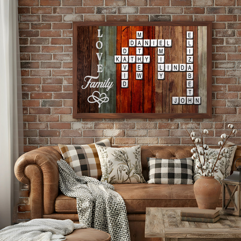 Scrabble family name canvas wall art, personalized crossword of names in square layout, thoughtful housewarming gift