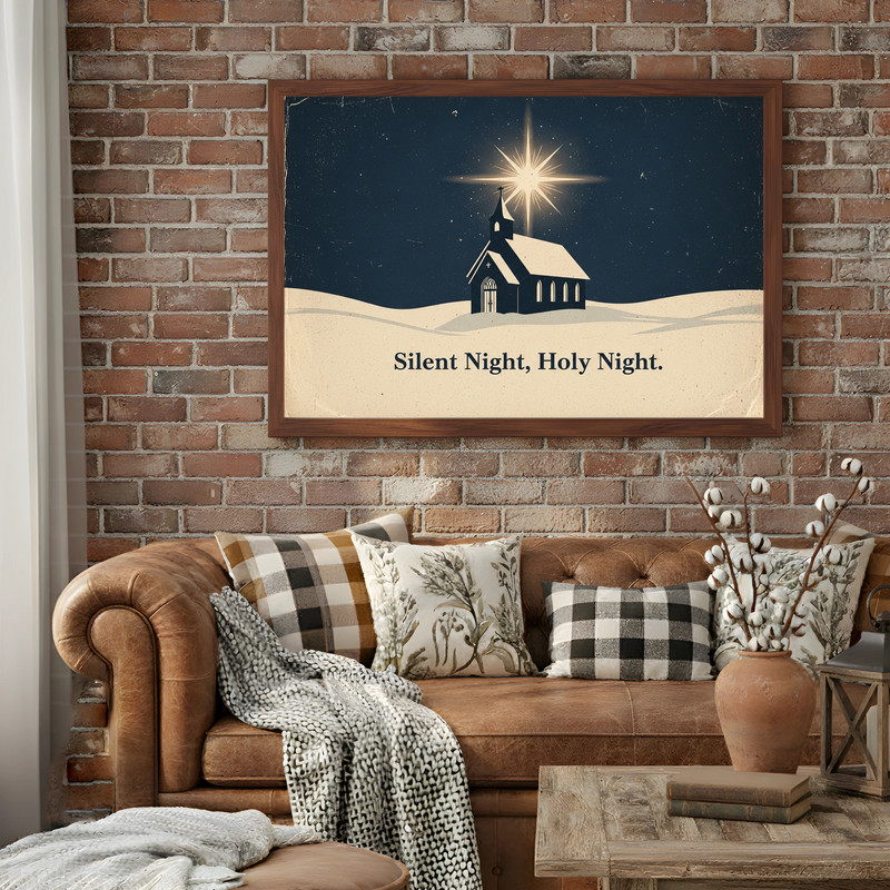 Silent Night Holy Night canvas wall art in minimalist typography, seasonal Christmas hallway accent for a calm winter feel