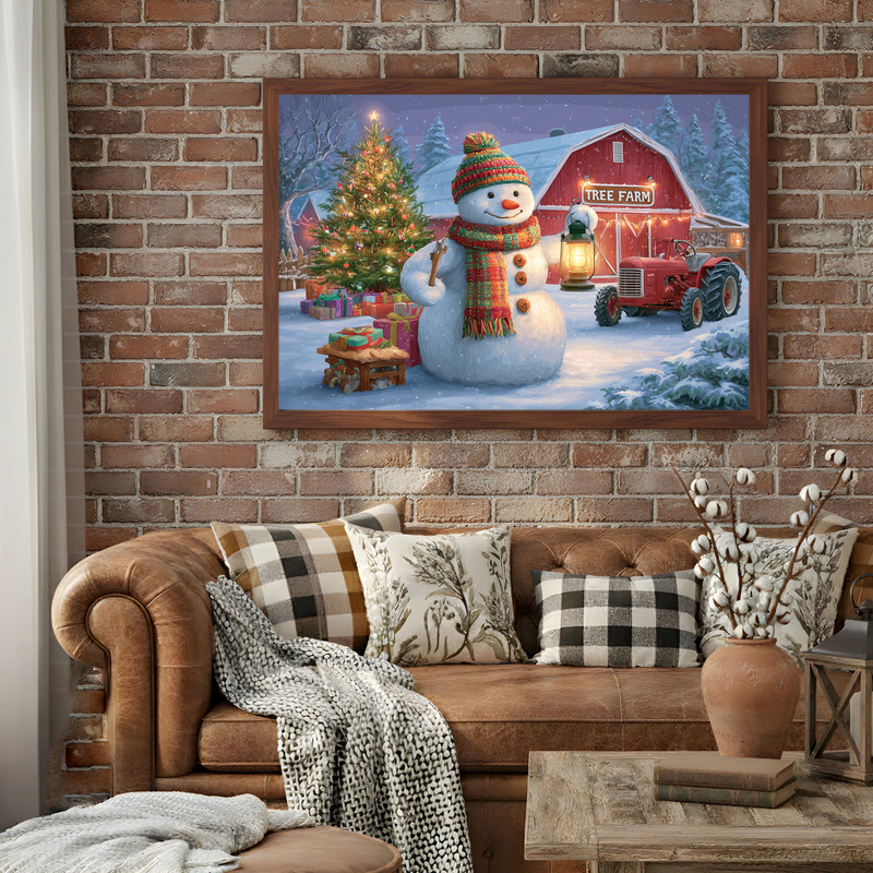 Cozy Christmas barn scene canvas wall art with glowing lights and evergreens, neutral palette portrait print for hallway decor