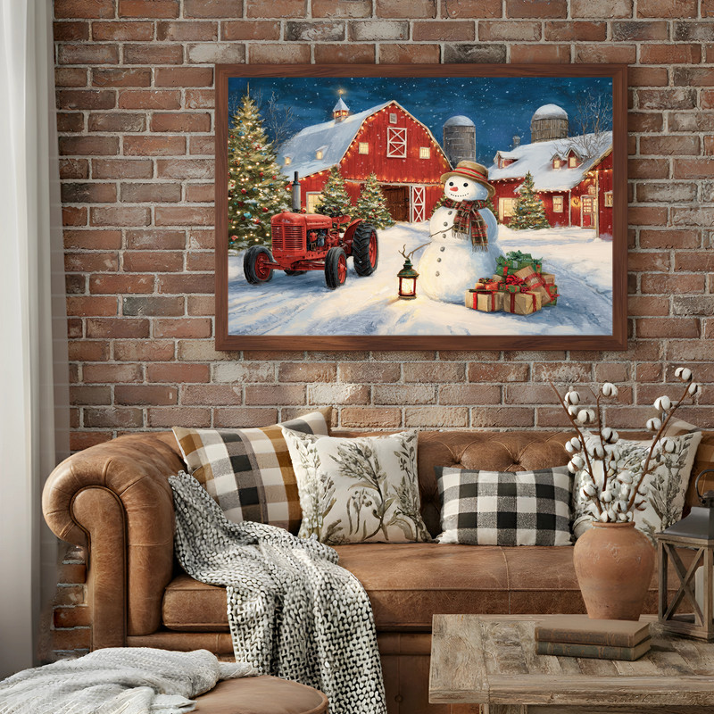Snowy farmyard Christmas canvas wall art featuring a red barn, holiday lights, and lantern glow for hallway walls. Snowy farmyard Christmas canvas wall art featuring a red barn, holiday lights, and lantern glow for hallway walls.