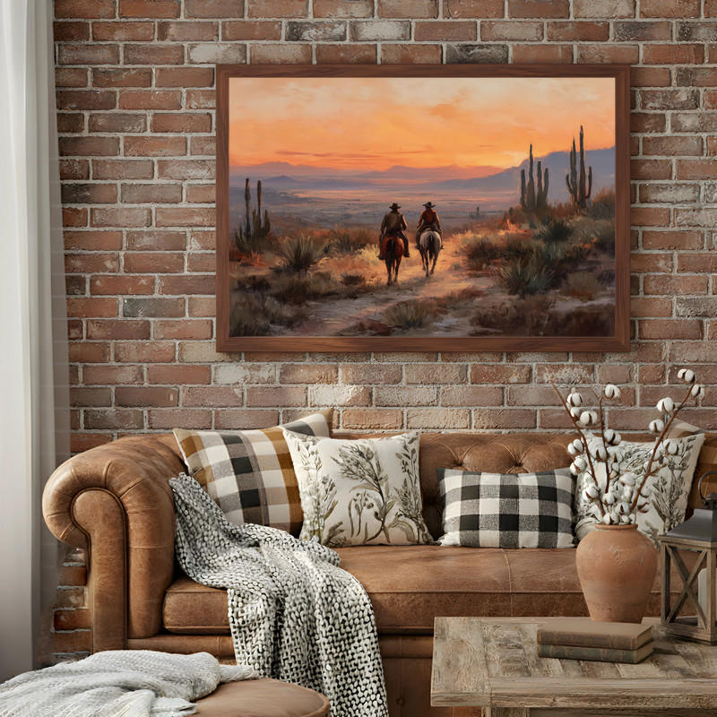 Southwestern cowboys canvas wall art in sepia, oil painting of a lone rider by desert mesas, portrait orientation entryway