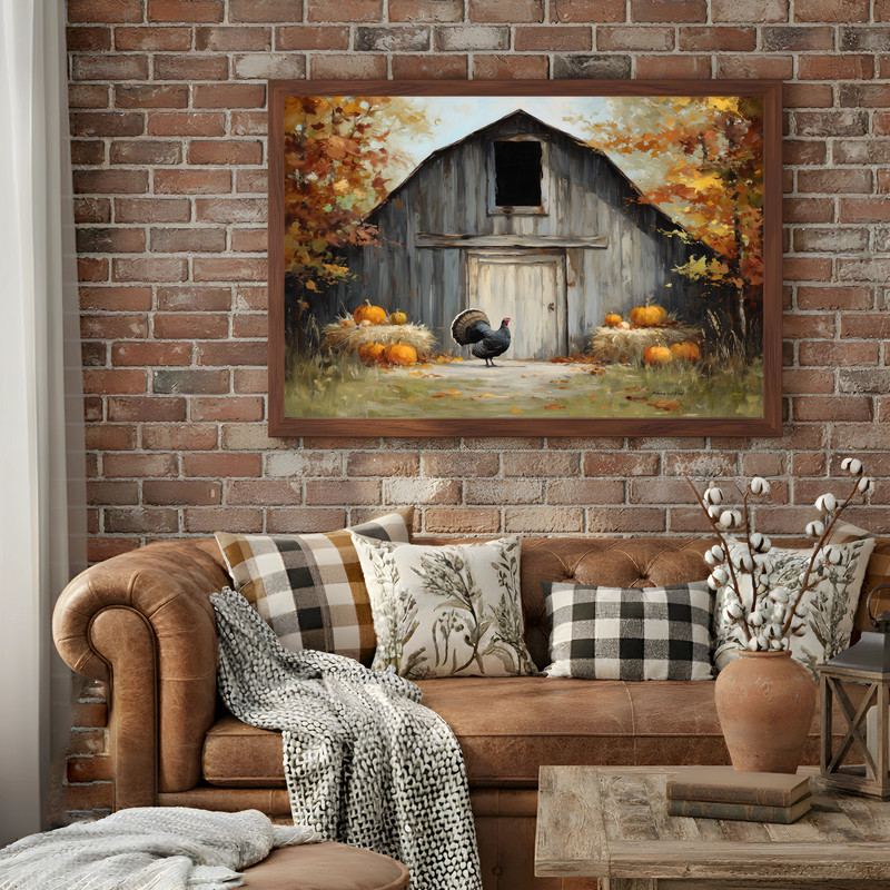Rustic Thanksgiving barn canvas art in landscape orientation, turkey by aged wood barn, warm earth tones for entryway decor