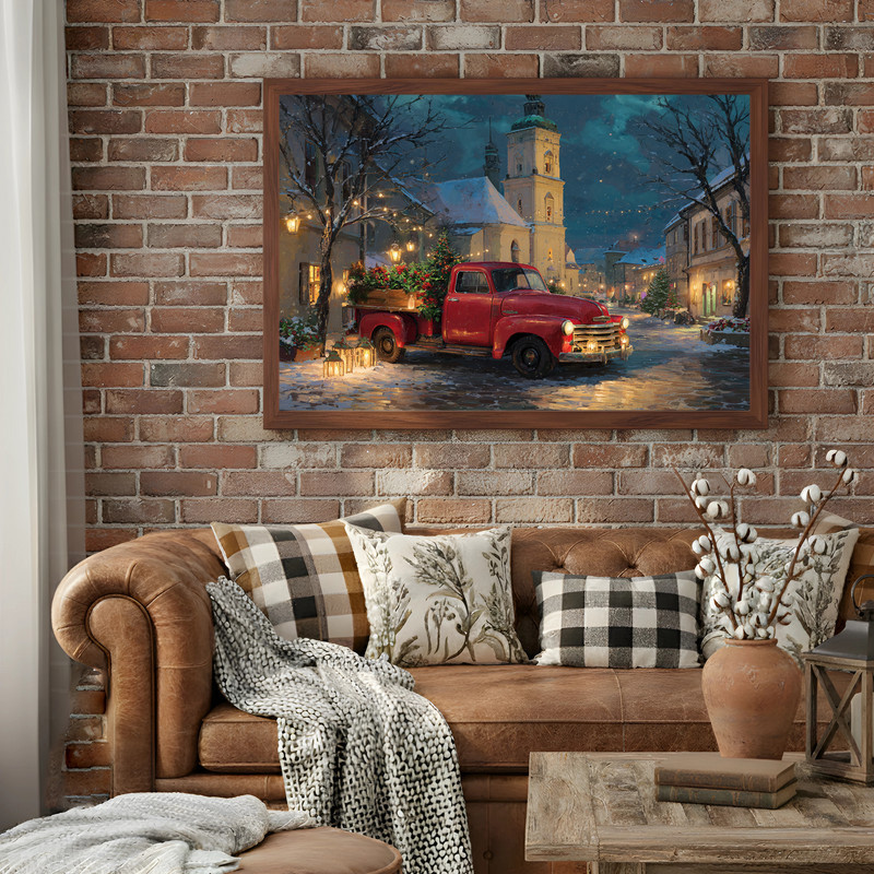 Vintage red truck Christmas city canvas wall art featuring town tree and holiday stalls, warm lights, landscape orientation