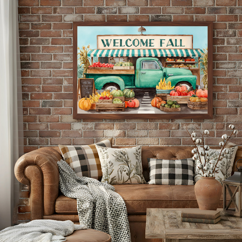 Thanksgiving market green truck canvas wall art on rustic wood backdrop, warm autumn palette for cozy foyer wall decor