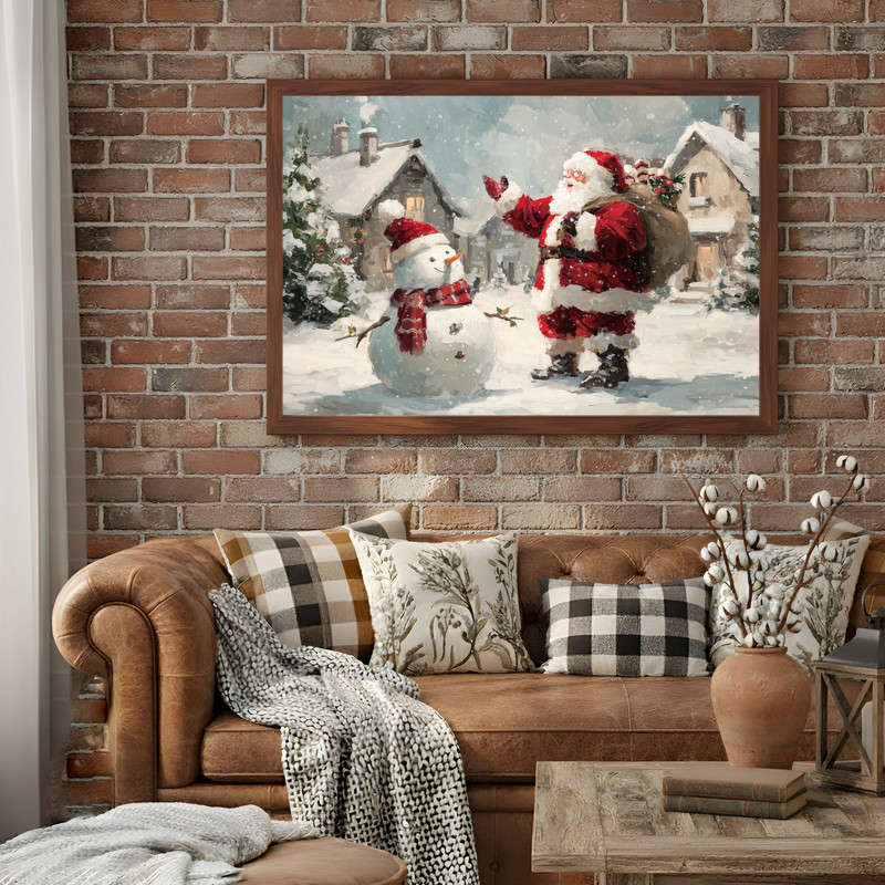 Whimsical Santa Claus with snowman canvas wall art, holiday hallway decor in snowy tones, Christmas winter artwork.