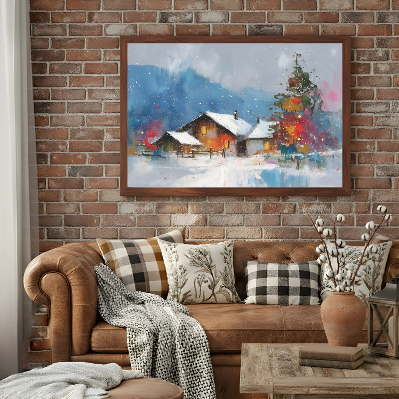 Winter cottage canvas wall art in watercolor style for hallway decor, snow-covered landscape with soft blues and whites.