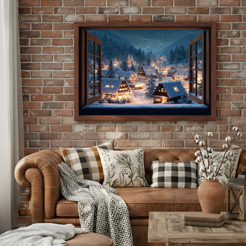 Cozy Christmas village canvas wall art with snowy pine trees and lamplit streets, window frame illusion for hallway display