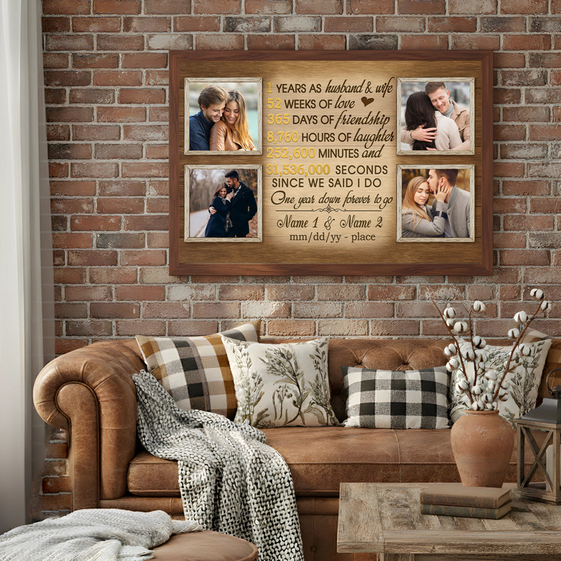 1 year anniversary photo collage canvas wall art featuring a love timeline with custom names and date, perfect bedroom decor