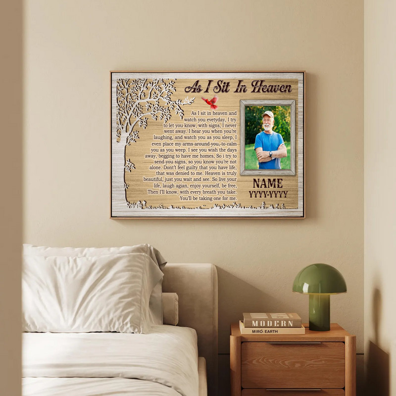 As I Sit In Heaven poem canvas wall art, custom photo with name and dates, black and white minimalist, bereavement gift