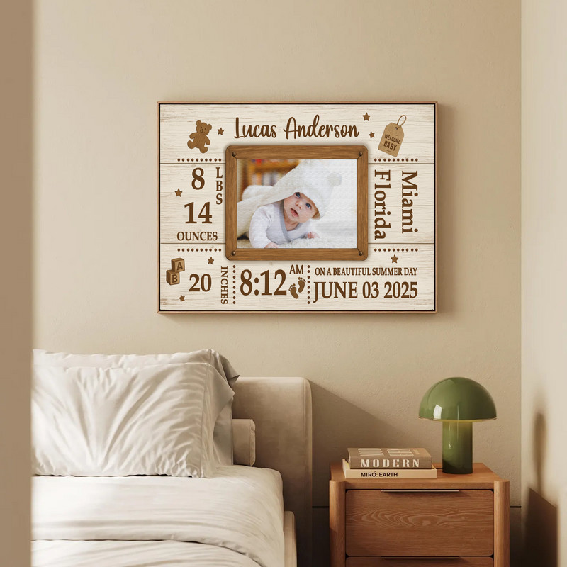 Birth announcement canvas wall art with whitewashed wood look, custom photo and details, ideal baby shower or newborn gift