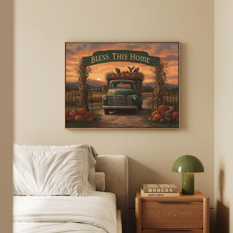 Bless This Home green truck farmhouse gate canvas wall art for foyer or mudroom, cozy rustic accent for entryway decor