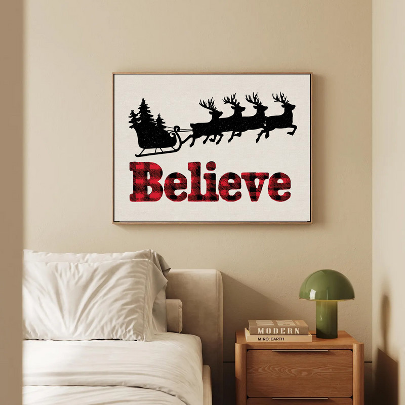 Buffalo plaid Santa sleigh Christmas canvas wall art with red black checks, Believe script, farmhouse hallway decor Buffalo plaid Santa sleigh Christmas canvas wall art with red black checks, Believe script, farmhouse hallway decor