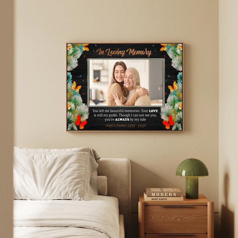 Butterfly memorial canvas wall art photo frame, In Loving Memory design, custom photo, name and dates for a lasting tribute