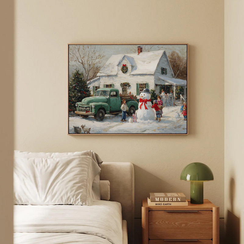 Snowy village scene with green truck Christmas canvas wall art, entryway decor with church steeple, pines and glowing lights
