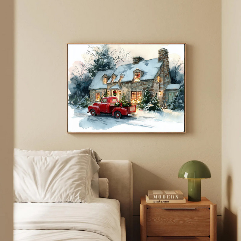 Christmas barn with red truck canvas wall art in rustic farmhouse style, snow-covered scene perfect for entryway decor.