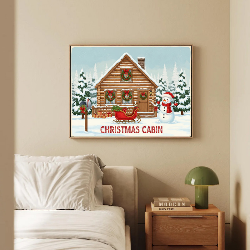 Rustic Christmas cabin canvas wall art, chimney smoke and snow-laden pines evoke cozy winter warmth for entry hall