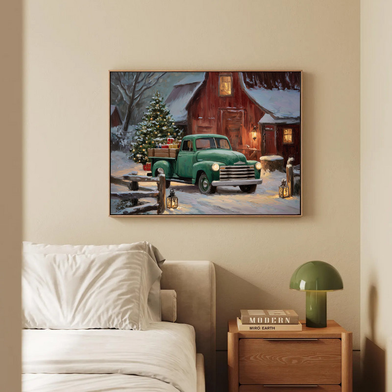 Christmas farmhouse green truck canvas art for entryway decor, nostalgic holiday pickup with pine tree and winter vibe