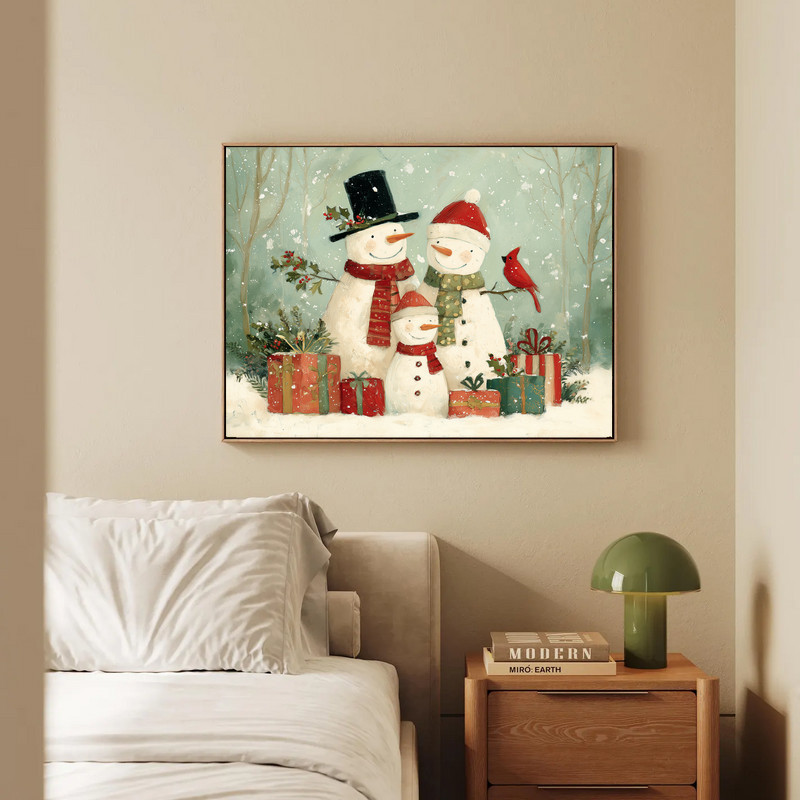 Christmas snowman family in forest canvas wall art, vibrant palette and soft brush texture for seasonal hallway decor