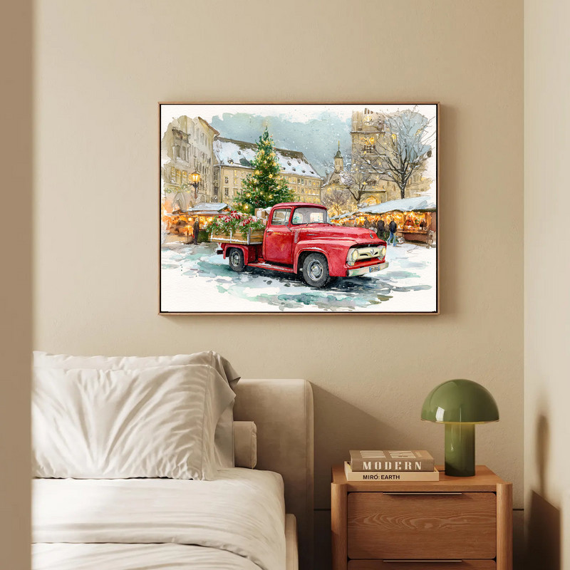 Cozy farmhouse porch canvas wall art showcases red truck by lantern, warm holiday wall decor ideal for entryway