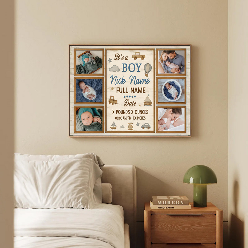 Baby boy photo collage canvas, gallery-wrapped landscape layout with blue accents, custom name and date for farmhouse nursery