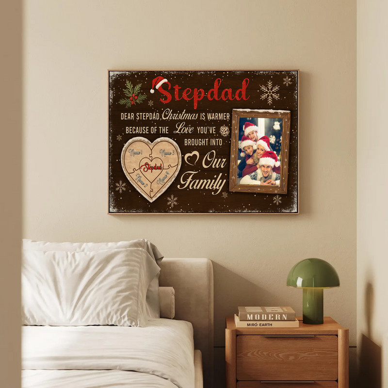 Christmas puzzle photo canvas in portrait orientation, personalized with kids' names and photo, holiday gift for stepdad