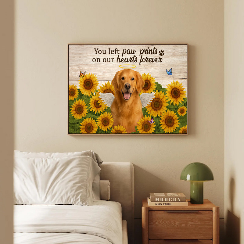 Dog memorial portrait canvas wall art with sunflower border and subtle paw prints, custom photo, pet name and dates; gift for dog moms