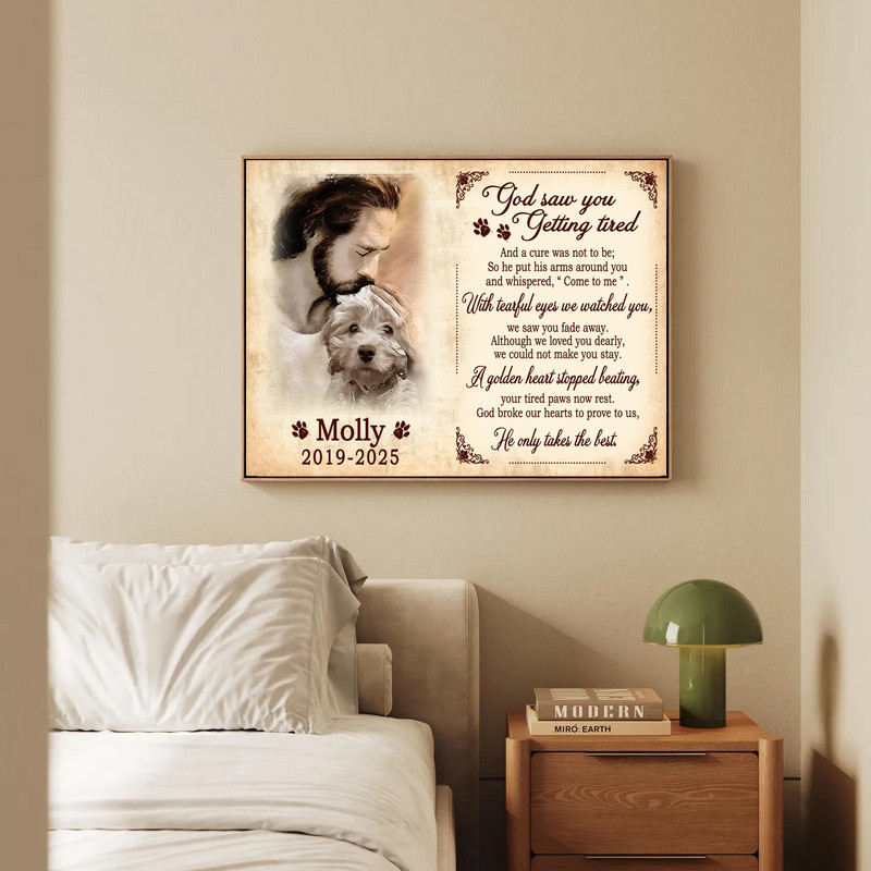 Dog memorial canvas in black and white; custom pet portrait with Jesus and an angel, condolence gift for pet lovers