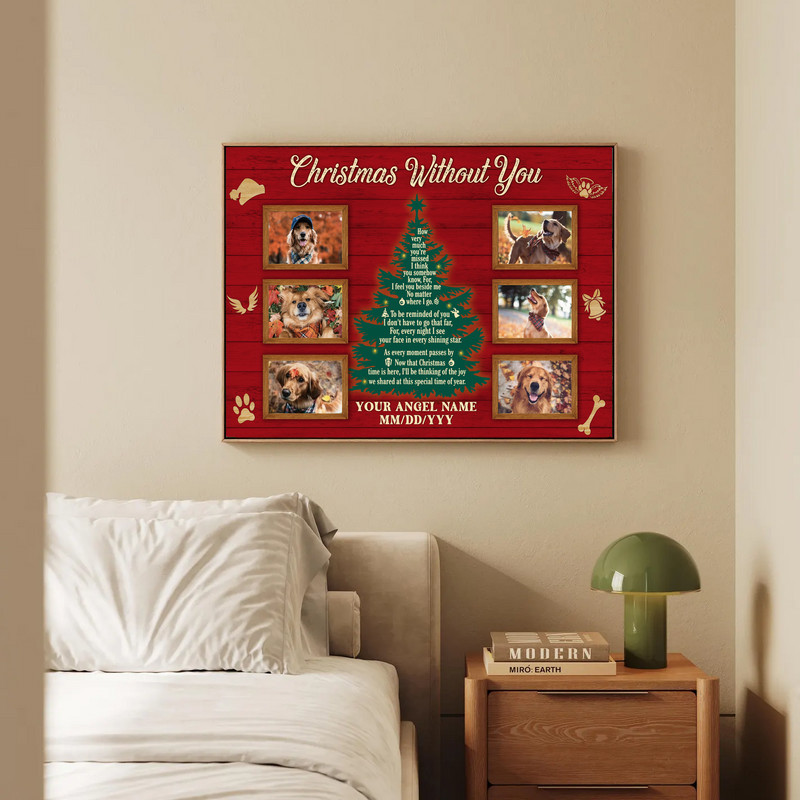 Farmhouse dog memorial canvas, Christmas Without You, portrait on distressed wood with red berries, custom pet name and years