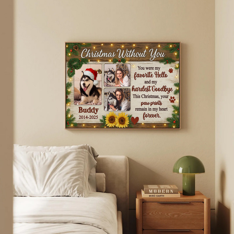 Farmhouse dog memorial canvas wall art photo collage, portrait orientation with wreath, Christmas gift for dog lovers