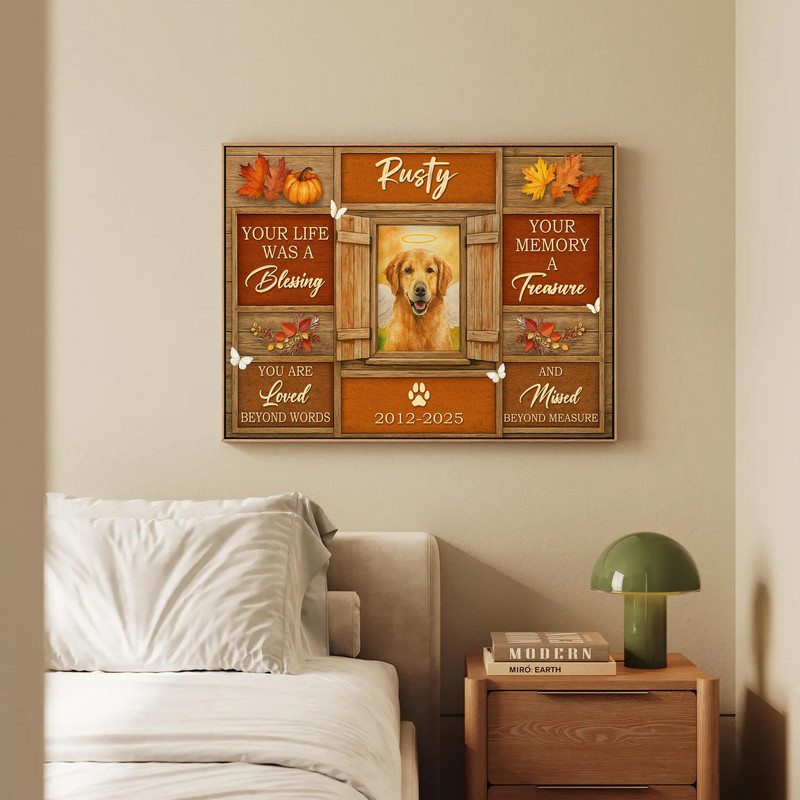 Farmhouse fall dog memorial canvas wall art, portrait design with autumn wreath, neutral palette, custom pet name and dates