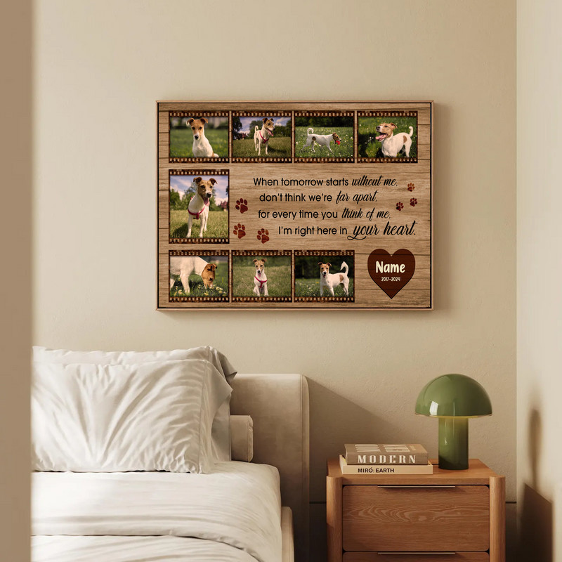 Farmhouse pet memorial canvas wall art, custom dog photo collage with film strip frame, sepia tone finish for warm rustic appeal