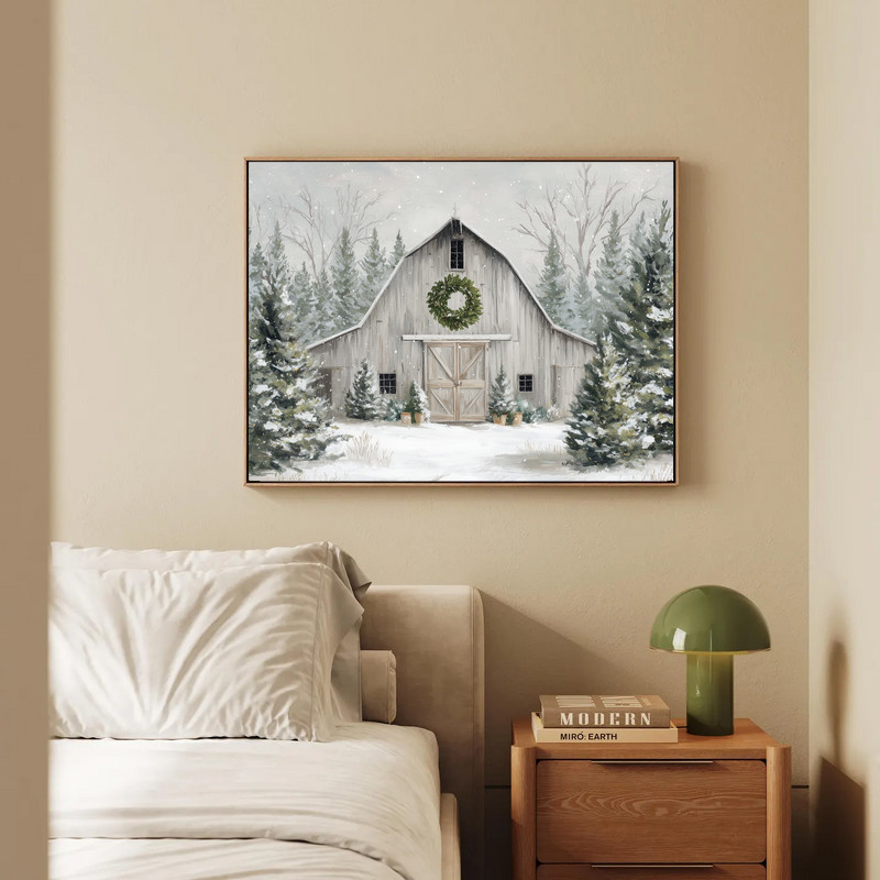 Farmhouse winter charm canvas wall art showcasing a weathered holiday barn amid pines, neutral winter scene for entry