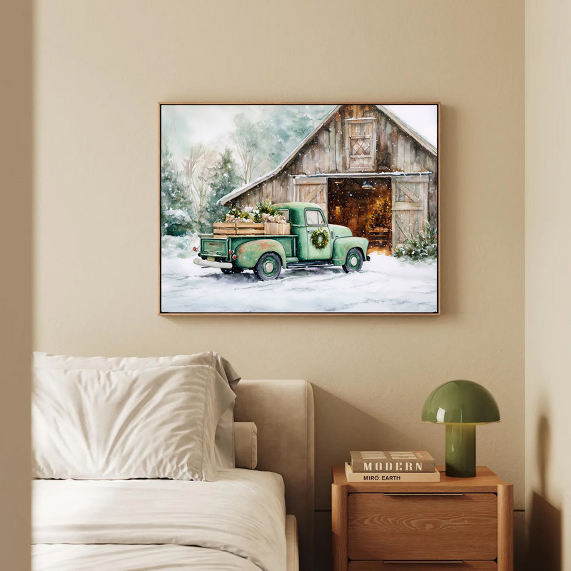 Festive green truck by weathered barn and Christmas tree panoramic canvas wall art, snowy country scene for entryway Festive green truck by weathered barn and Christmas tree panoramic canvas wall art, snowy country scene for entryway