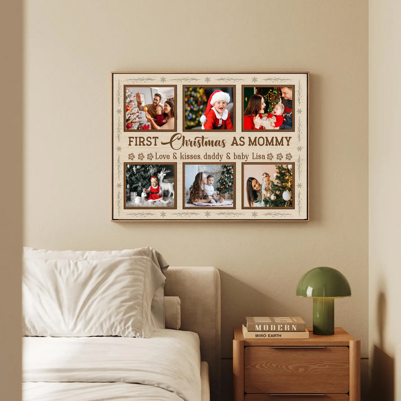 First Christmas as Mommy canvas art, gallery‑wrapped with gold script accents, custom photo collage, gift for new mom