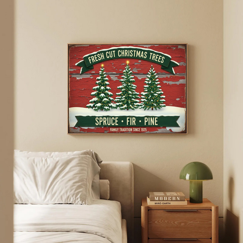 Fresh Cut Christmas Trees rustic canvas wall art, vintage market sign aesthetic for hallway decor and seasonal entryway warmth