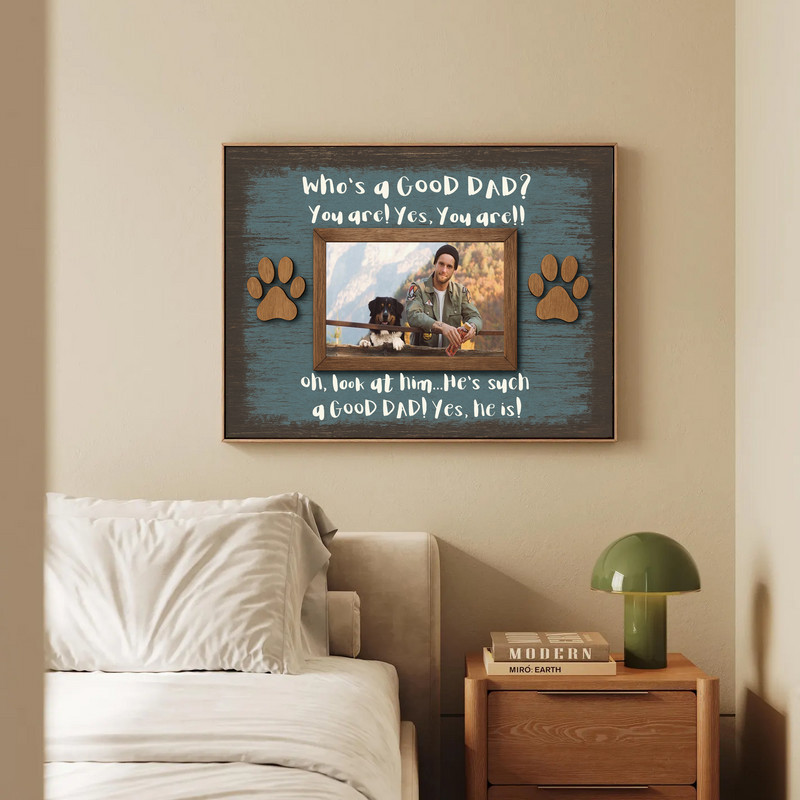 Funny Dog Dad photo frame canvas, portrait orientation, personalized with pet photo and name, rustic farmhouse wall art