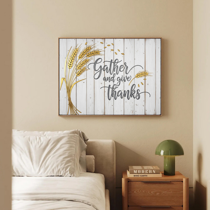 Autumn Thanksgiving canvas wall art with distressed wood texture, 'Gather and Give Thanks' for entryway home decor