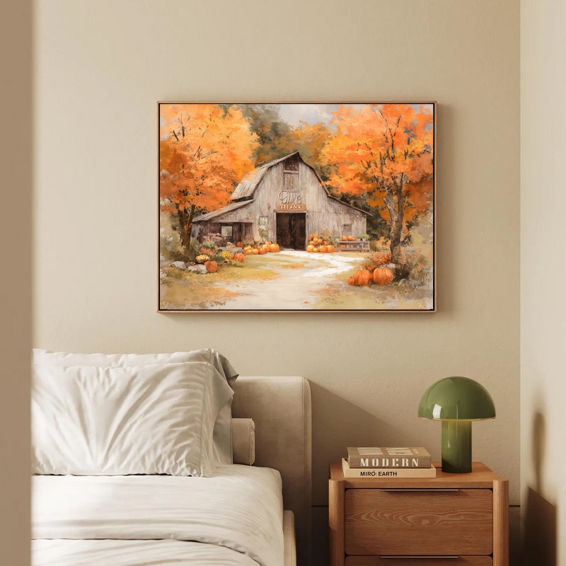 Give Thanks at the Farm canvas wall art, muted neutrals, weathered barn and corn stalks, framed style for entryway
