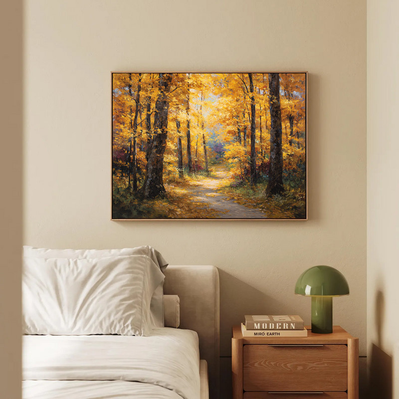 Golden autumn forest path canvas wall art, wide panoramic view with rustic woodland hues, serene fall scene for hallway decor