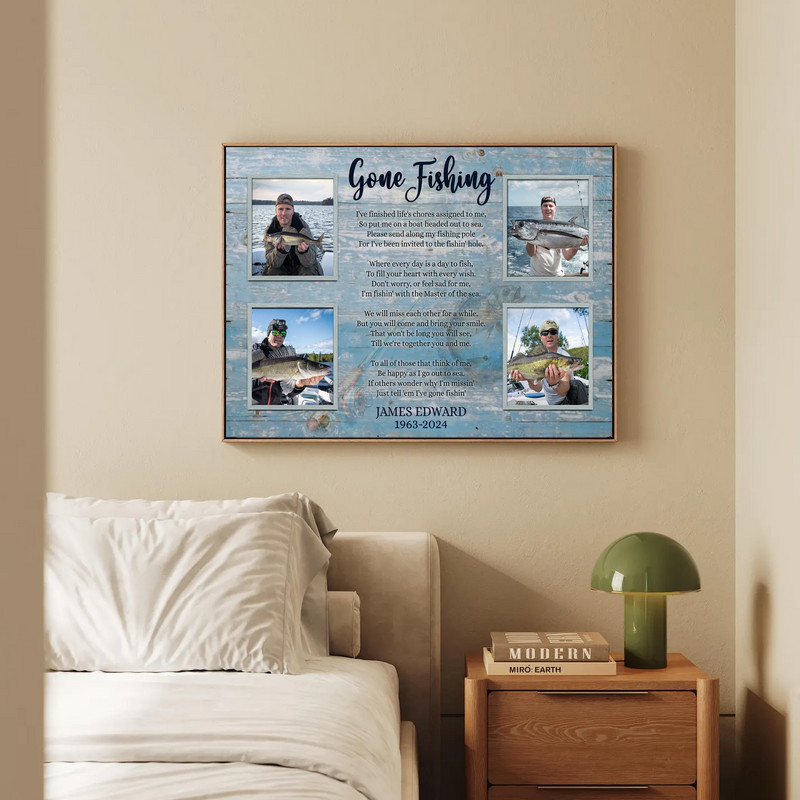 Fishing tribute collage canvas wall art, personalized memorial with photos, name and dates; sympathy gift for a fisherman dad