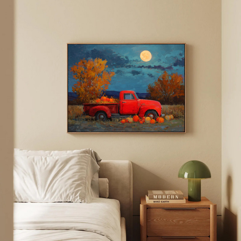 Harvest Moon red truck evening oil painting canvas wall art, rustic vintage pickup at dusk for entryway wall decor