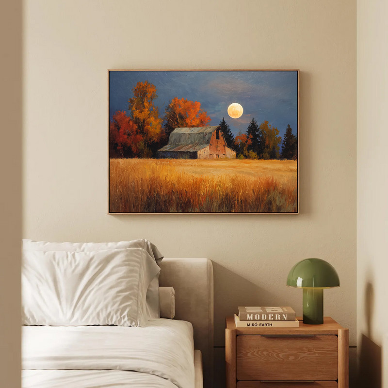 Harvest Season at the Barn canvas wall art, rustic farmhouse style with cozy fall palette, ideal entryway wall decor