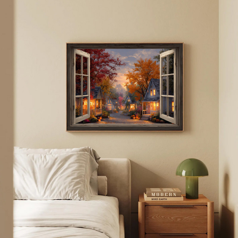 Harvest view through window canvas wall art, Thanksgiving village with cottages and pumpkins, fall colors for hallway decor