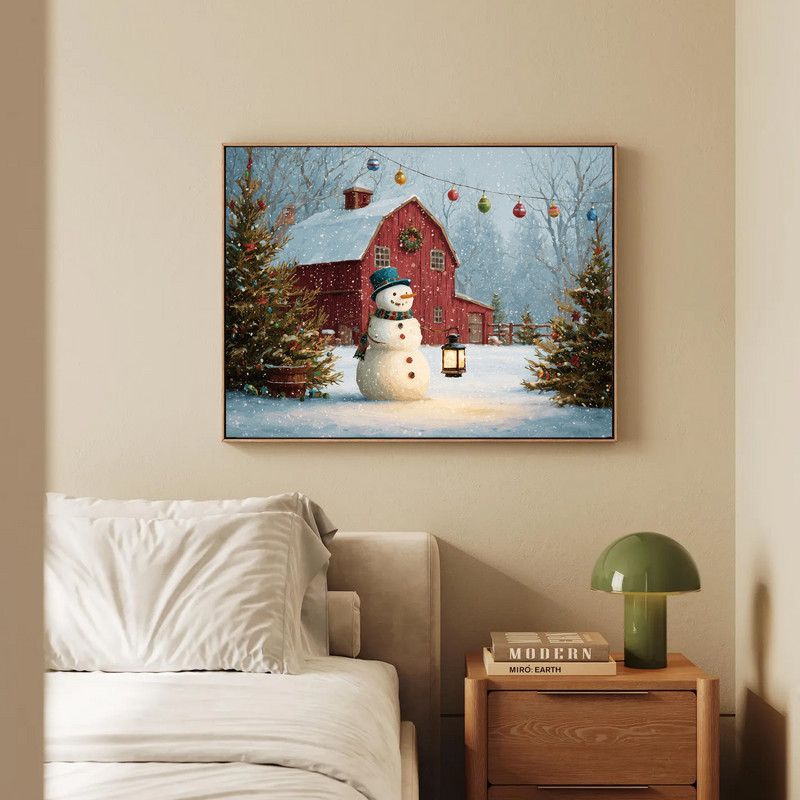 Holiday cheer in snowy barnyard Christmas tree scene canvas wall art, red barn with lit tree, cozy winter hallway decor
